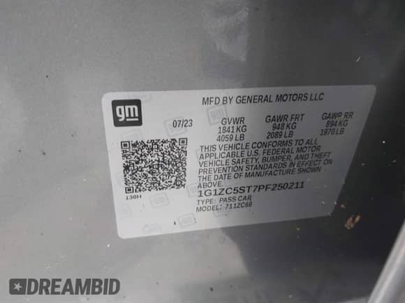 2023 Chevrolet Malibu LS z VIN 1G1ZC5ST7PF250211, wystawiony jako IAAI lot #43005560 z przebiegiem Nie podano mil oraz . Historia ofert i sprzedaży dostępna na DreamBid. Obrazek 9.