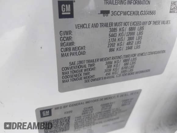 2020 Chevrolet Silverado 1500 LT с VIN 3GCPWCEK0LG304566, выставлен на аукционе IAAI как лот 42772893 с пробегом Не указан миль и . История ставок и продаж доступна на DreamBid. Изображение 9.