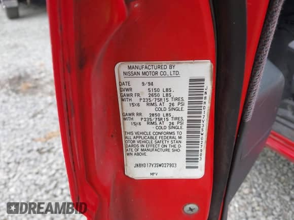 1995 Nissan Pathfinder LE with VIN JN8HD17Y3SW027903, listed as a IAAI auction lot 42200115 with 283,897 mi miles and . Bid and sale history available at DreamBid. Image 9.