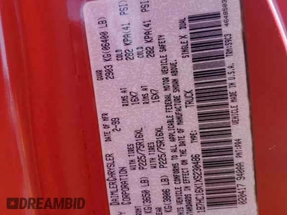 1999 Dodge 1500 с VIN 1B7HC16X1XS230486, выставлен на аукционе Copart как лот 88851795 с пробегом 169 880 миль миль и Списание • Salvage title. История ставок и продаж доступна на DreamBid. Изображение 14.