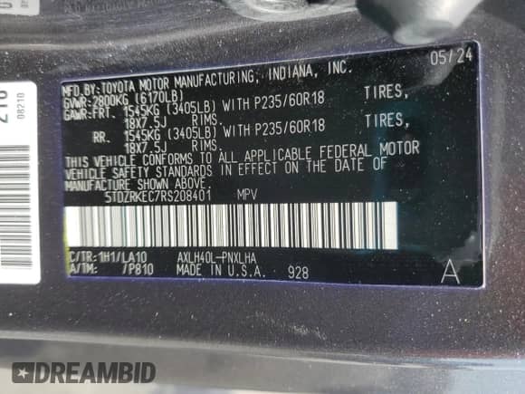 2024 Toyota Sienna Limited с VIN 5TDZRKEC7RS208401, выставлен на аукционе Copart как лот 57668615 с пробегом 9 206 миль миль и Списание • Salvage title. История ставок и продаж доступна на DreamBid. Изображение 13.