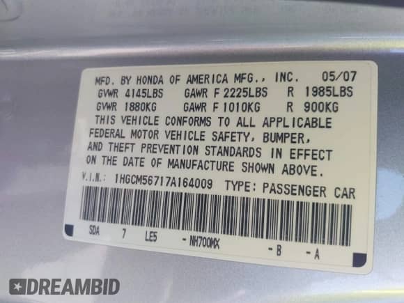 2007 Honda Accord EX z VIN 1HGCM56717A164009, wystawiony jako IAAI lot #43005765 z przebiegiem 157 926 mil mil oraz . Historia ofert i sprzedaży dostępna na DreamBid. Obrazek 9.