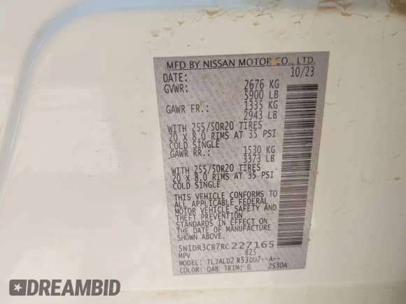 2024 Nissan Pathfinder SL with VIN 5N1DR3CB7RC227165, listed as a IAAI auction lot 43015108 with 28,753 mi miles and . Bid and sale history available at DreamBid. Image 9.