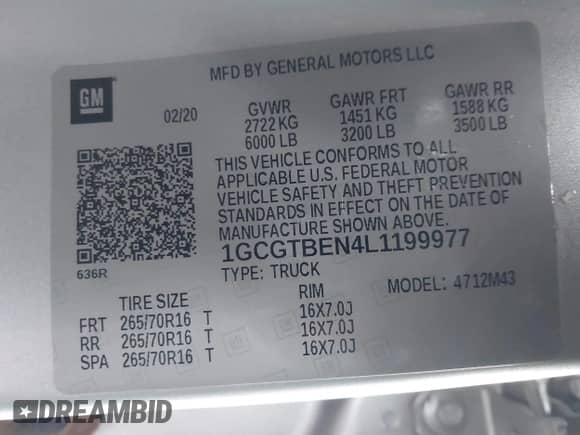 2020 Chevrolet Colorado 4WD Work Truck с VIN 1GCGTBEN4L1199977, выставлен на аукционе IAAI как лот 42623415 с пробегом 97 192 миль миль и . История ставок и продаж доступна на DreamBid. Изображение 9.