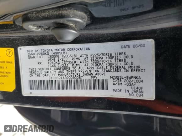 2002 Toyota Highlander с VIN JTEHF21A920090087, выставлен на аукционе Copart как лот 69890055 с пробегом 191 049 миль миль и Чистый • Clean title. История ставок и продаж доступна на DreamBid. Изображение 13.