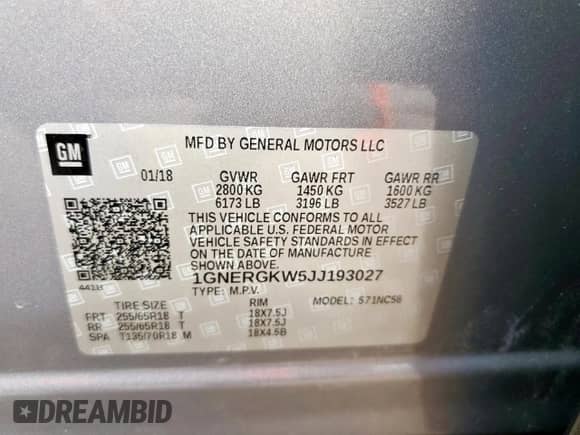 2018 Chevrolet Traverse LT Cloth с VIN 1GNERGKW5JJ193027, выставлен на аукционе Copart как лот 82346745 с пробегом 77 221 миль миль и Списание • Salvage title. История ставок и продаж доступна на DreamBid. Изображение 13.