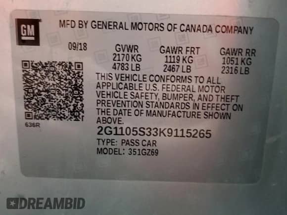 2019 Chevrolet Impala Premier with VIN 2G1105S33K9115265, listed as a Copart auction lot 64883965 with 93,530 mi miles and Salvage title. Bid and sale history available at DreamBid. Image 12.