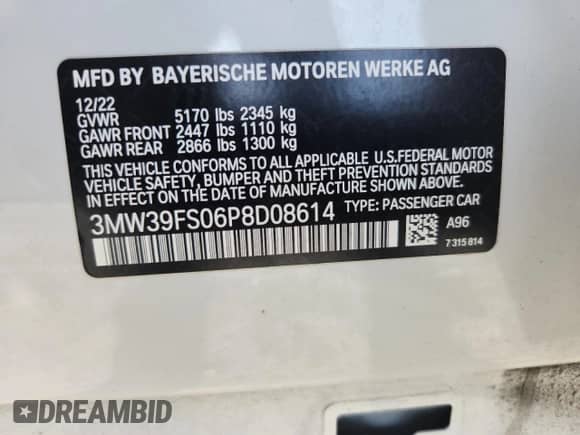 2023 BMW 3 Series 330e xDrive z VIN 3MW39FS06P8D08614, wystawiony jako Copart lot #65201655 z przebiegiem 22 451 mil mil oraz Szkoda całkowita • Salvage title. Historia ofert i sprzedaży dostępna na DreamBid. Obrazek 13.