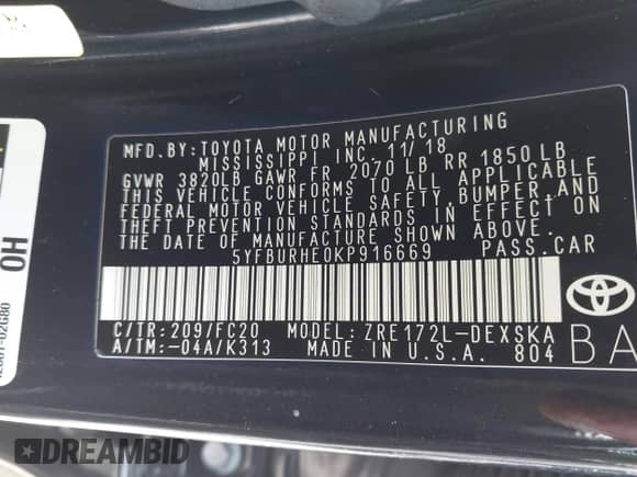 2019 Toyota Corolla L с VIN 5YFBURHE0KP916669, выставлен на аукционе IAAI как лот 43247594 с пробегом 160 636 миль миль и . История ставок и продаж доступна на DreamBid. Изображение 9.