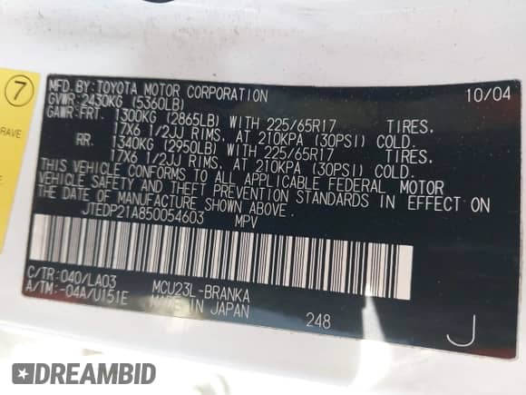 2005 Toyota Highlander с VIN JTEDP21A850054603, выставлен на аукционе IAAI как лот 42939509 с пробегом 158 070 миль миль и . История ставок и продаж доступна на DreamBid. Изображение 9.