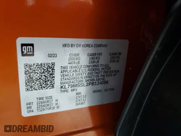 2023 Chevrolet TrailBlazer ACTIV с VIN KL79MSSL2PB134096, выставлен на аукционе Copart как лот 82063305 с пробегом 47 494 миль миль и Списание • Salvage title. История ставок и продаж доступна на DreamBid. Изображение 14.