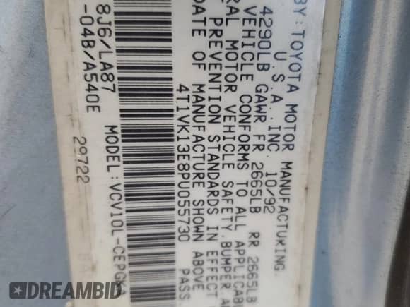 1993 Toyota Camry с VIN 4T1VK13E8PU055730, выставлен на аукционе Copart как лот 58357304 с пробегом 134 700 миль миль и Списание • Salvage title. История ставок и продаж доступна на DreamBid. Изображение 12.