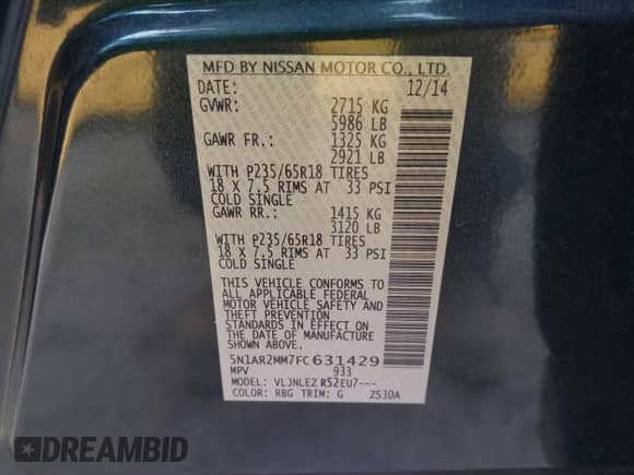 2015 Nissan Pathfinder Platinum with VIN 5N1AR2MM7FC631429, listed as a IAAI auction lot 42767506 with 126,342 mi miles and . Bid and sale history available at DreamBid. Image 9.