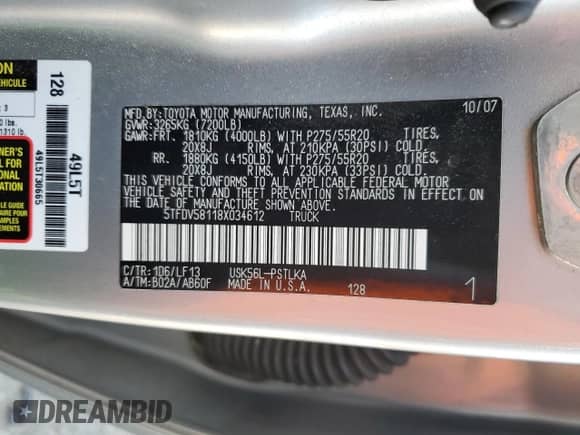 2008 Toyota Tundra Limited с VIN 5TFDV58118X034612, выставлен на аукционе Copart как лот 85709935 с пробегом 192 765 миль миль и Списание • Salvage title. История ставок и продаж доступна на DreamBid. Изображение 12.