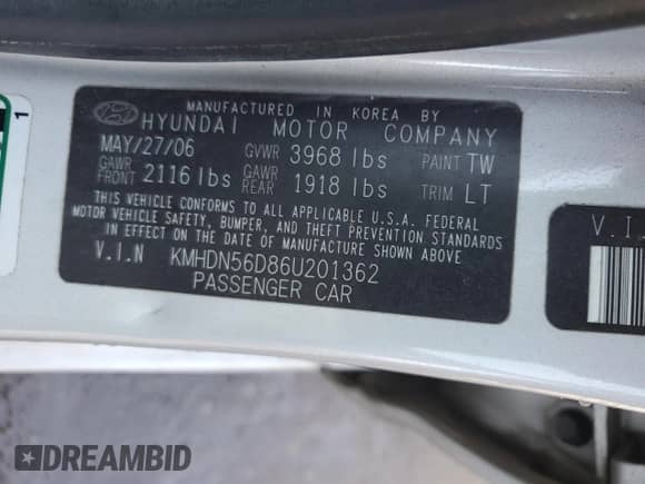 2006 Hyundai Elantra GLS z VIN KMHDN56D86U201362, wystawiony jako Copart lot #55270315 z przebiegiem 158 054 mil mil oraz Szkoda całkowita • Salvage title. Historia ofert i sprzedaży dostępna na DreamBid. Obrazek 12.