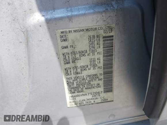 2019 Nissan Frontier SV with VIN 1N6AD0EV9KN752067, listed as a IAAI auction lot 42471863 with 73,088 mi miles and . Bid and sale history available at DreamBid. Image 9.