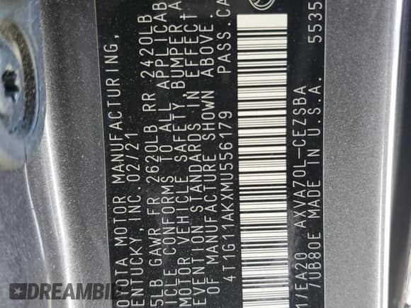 2021 Toyota Camry SE Nightshade с VIN 4T1G11AKXMU556179, выставлен на аукционе Copart как лот 68931055 с пробегом 83 192 миль миль и Списание • Salvage title. История ставок и продаж доступна на DreamBid. Изображение 13.