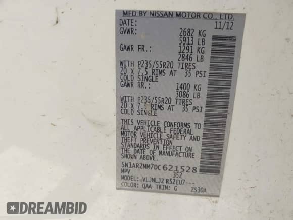 2013 Nissan Pathfinder SV with VIN 5N1AR2MM7DC621528, listed as a IAAI auction lot 42519223 with 107,933 mi miles and . Bid and sale history available at DreamBid. Image 9.