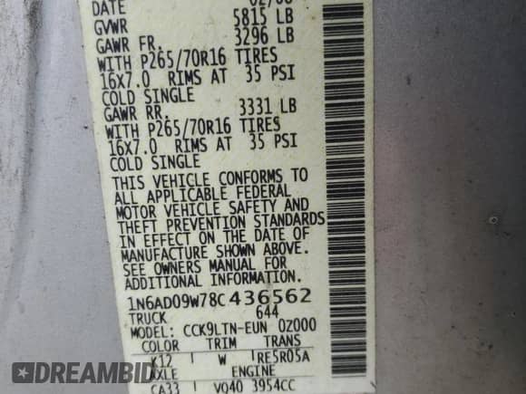 2008 Nissan Frontier SE с VIN 1N6AD09W78C436562, выставлен на аукционе Copart как лот 47417145 с пробегом 231 027 миль миль и Чистый • Clean title. История ставок и продаж доступна на DreamBid. Изображение 12.