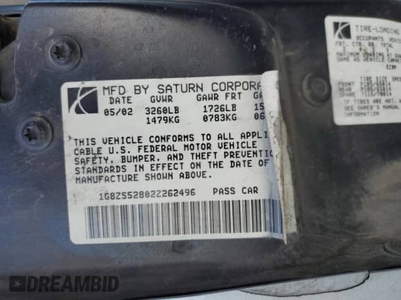 2002 Saturn SL with VIN 1G8ZS52802Z262496, listed as a Copart auction lot 47362875 with 203,307 mi miles and Salvage title. Bid and sale history available at DreamBid. Image 12.