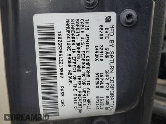 2001 Saturn SL with VIN 1G8ZG52851Z213567, listed as a Copart auction lot 51795795 with Not provided miles and Salvage title. Bid and sale history available at DreamBid. Image 12.