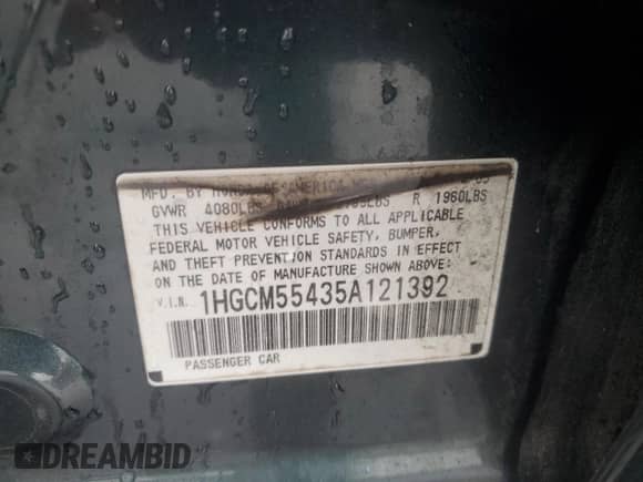 2005 Honda Accord LX with VIN 1HGCM55435A121392, listed as a Copart auction lot 80940055 with 155,913 mi miles and Salvage title. Bid and sale history available at DreamBid. Image 12.