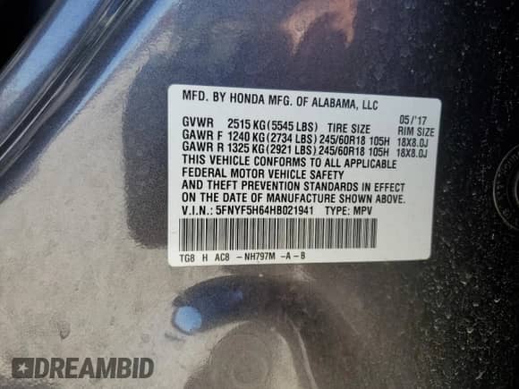 2017 Honda Pilot EX-L with VIN 5FNYF5H64HB021941, listed as a Copart auction lot 75251144 with 50,224 mi miles and Salvage title. Bid and sale history available at DreamBid. Image 15.