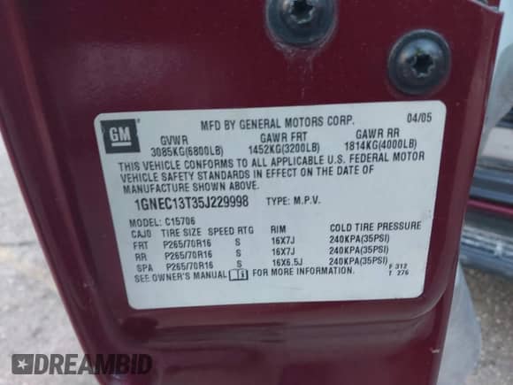 2005 Chevrolet Tahoe LS with VIN 1GNEC13T35J229998, listed as a IAAI auction lot 41586990 with Not provided miles and . Bid and sale history available at DreamBid. Image 9.