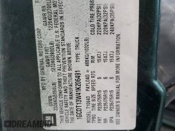 2001 Chevrolet S-10 LS with VIN 1GCDT13W41K206491, listed as a Copart auction lot 56377815 with Not provided miles and Salvage title. Bid and sale history available at DreamBid. Image 12.