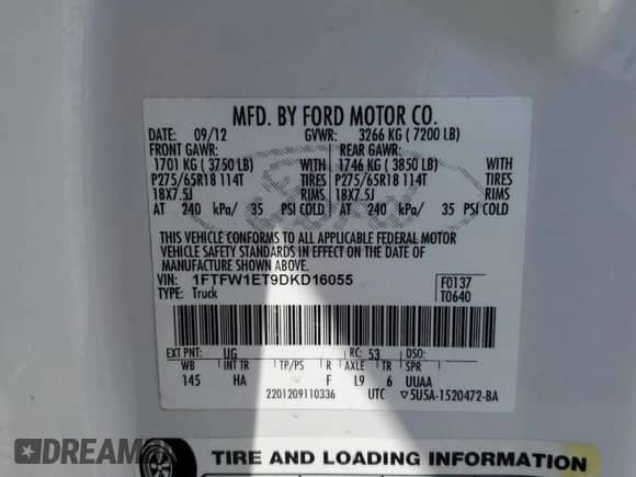 2013 Ford F-150 Lariat z VIN 1FTFW1ET9DKD16055, wystawiony jako Copart lot #84370865 z przebiegiem Nie podano mil oraz Szkoda całkowita • Salvage title. Historia ofert i sprzedaży dostępna na DreamBid. Obrazek 12.