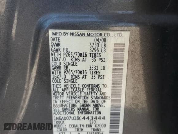 2008 Nissan Frontier SE with VIN 1N6AD07U18C443444, listed as a Copart auction lot 62741055 with 213,051 mi miles and Salvage title. Bid and sale history available at DreamBid. Image 12.