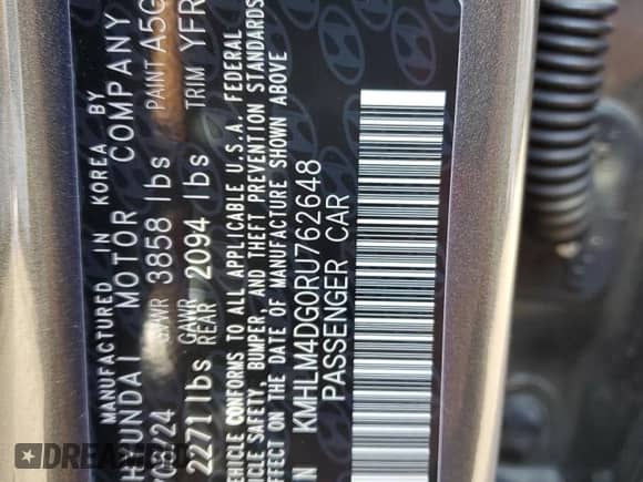 2024 Hyundai Elantra SEL with VIN KMHLM4DG0RU762648, listed as a Copart auction lot 71473755 with 19,752 mi miles and Salvage title. Bid and sale history available at DreamBid. Image 12.