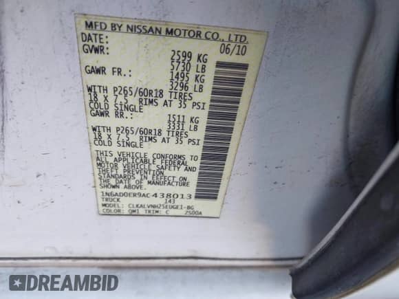 2010 Nissan Frontier SE with VIN 1N6AD0ER9AC438013, listed as a IAAI auction lot 41852387 with 200,220 mi miles and . Bid and sale history available at DreamBid. Image 9.