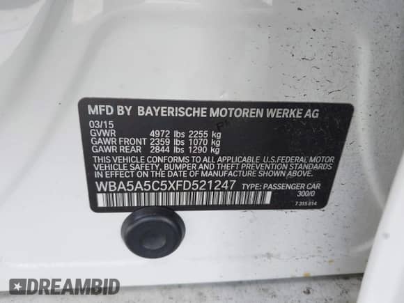 2015 BMW 5 Series 528i with VIN WBA5A5C5XFD521247, listed as a IAAI auction lot 43271940 with 126,099 mi miles and . Bid and sale history available at DreamBid. Image 9.