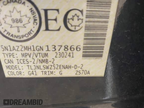 2016 Nissan Murano Platinum with VIN 5N1AZ2MH1GN137866, listed as a IAAI auction lot 42902215 with 65,143 mi miles and . Bid and sale history available at DreamBid. Image 9.