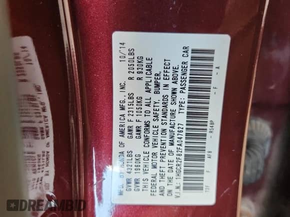 2015 Honda Accord EX-L z VIN 1HGCR2F82FA047627, wystawiony jako Copart lot #84194545 z przebiegiem 190 201 mil mil oraz Nie do naprawy • Non repairable. Historia ofert i sprzedaży dostępna na DreamBid. Obrazek 12.