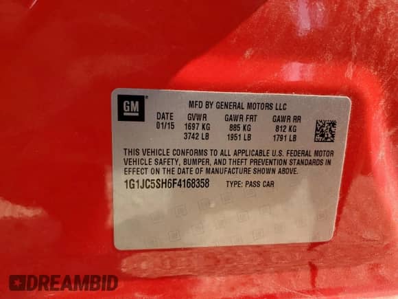 2015 Chevrolet Sonic LT с VIN 1G1JC5SH6F4168358, выставлен на аукционе Copart как лот 59953315 с пробегом 109 734 миль миль и Списание • Salvage title. История ставок и продаж доступна на DreamBid. Изображение 12.