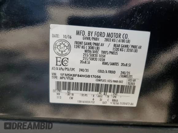 2017 Ford Explorer Limited z VIN 1FM5K8F84HGB17056, wystawiony jako Copart lot #70636525 z przebiegiem 80 715 mil mil oraz Szkoda całkowita • Salvage title. Historia ofert i sprzedaży dostępna na DreamBid. Obrazek 14.