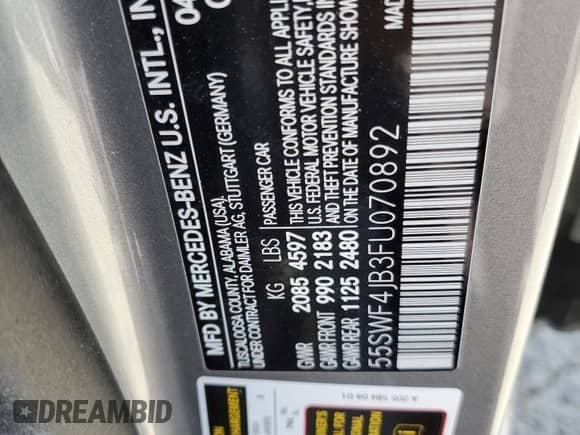 2015 Mercedes-Benz C 300 with VIN 55SWF4JB3FU070892, listed as a Copart auction lot 80575965 with 148,458 mi miles and Salvage title. Bid and sale history available at DreamBid. Image 12.