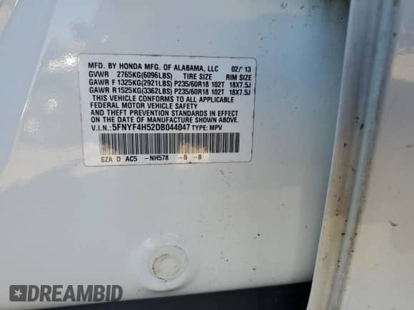 2013 Honda Pilot EX-L with VIN 5FNYF4H52DB044047, listed as a Copart auction lot 81427065 with 260,793 mi miles and Salvage title. Bid and sale history available at DreamBid. Image 13.