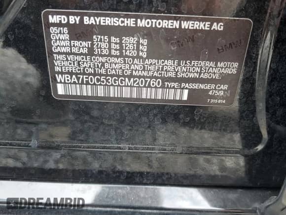 2016 BMW 7 Series 750i with VIN WBA7F0C53GGM20760, listed as a Copart auction lot 57230334 with 77,588 mi miles and Salvage title. Bid and sale history available at DreamBid. Image 12.