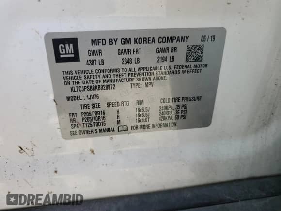 2019 Chevrolet Trax LT z VIN KL7CJPSB8KB928872, wystawiony jako Copart lot #71857025 z przebiegiem 47 814 mil mil oraz Szkoda całkowita • Salvage title. Historia ofert i sprzedaży dostępna na DreamBid. Obrazek 13.