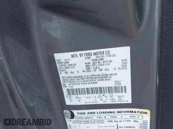 2011 Ford F-150 Lariat with VIN 1FTFW1ET8BFB76490, listed as a IAAI auction lot 43242474 with 165,835 mi miles and . Bid and sale history available at DreamBid. Image 9.