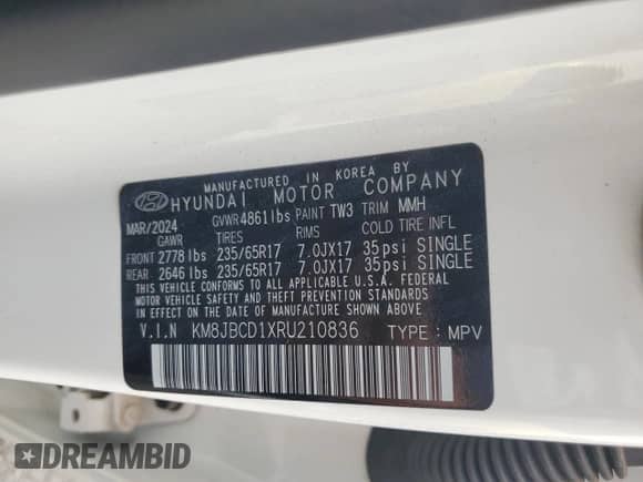 2024 Hyundai Tucson Blue with VIN KM8JBCD1XRU210836, listed as a Copart auction lot 70576955 with 13,043 mi miles and Salvage title. Bid and sale history available at DreamBid. Image 13.