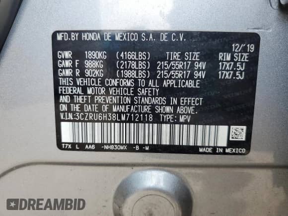2020 Honda HR-V LX z VIN 3CZRU6H38LM712118, wystawiony jako Copart lot #82050205 z przebiegiem 40 988 mil mil oraz Szkoda całkowita • Salvage title. Historia ofert i sprzedaży dostępna na DreamBid. Obrazek 13.