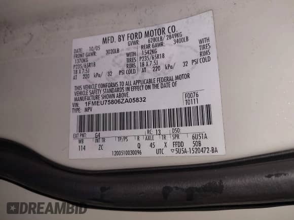 2006 Ford Explorer Limited with VIN 1FMEU75806ZA05832, listed as a IAAI auction lot 43303762 with 176,478 mi miles and . Bid and sale history available at DreamBid. Image 9.