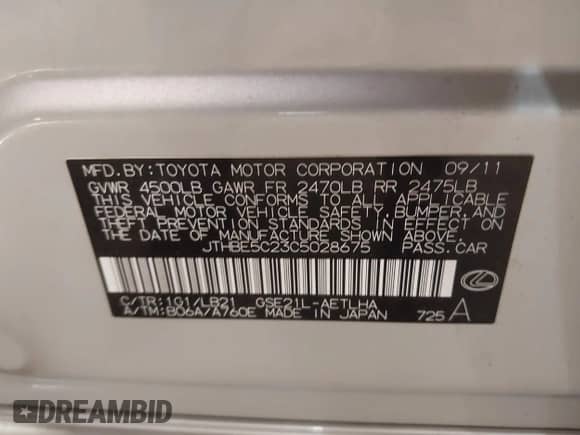 2012 Lexus IS 350 z VIN JTHBE5C23C5028675, wystawiony jako IAAI lot #41504992 z przebiegiem 152 577 mil mil oraz . Historia ofert i sprzedaży dostępna na DreamBid. Obrazek 9.