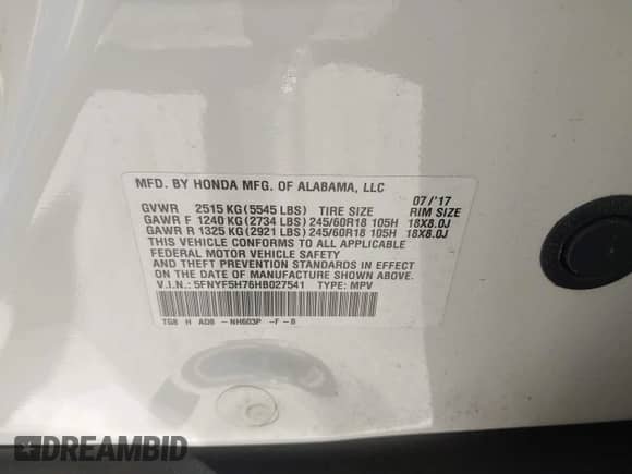 2017 Honda Pilot EX-L z VIN 5FNYF5H76HB027541, wystawiony jako IAAI lot #43428274 z przebiegiem 142 113 mil mil oraz . Historia ofert i sprzedaży dostępna na DreamBid. Obrazek 9.