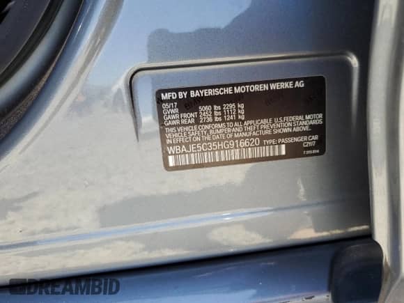 2017 BMW 5 Series 540i with VIN WBAJE5C35HG916620, listed as a Copart auction lot 64052765 with Not provided miles and Salvage title. Bid and sale history available at DreamBid. Image 12.