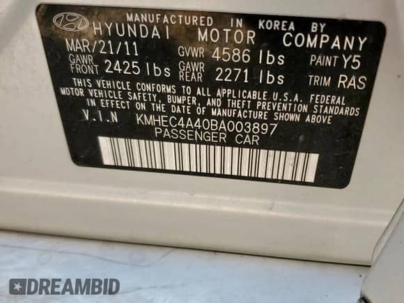 2011 Hyundai Sonata Hybrid with VIN KMHEC4A40BA003897, listed as a Copart auction lot 81931865 with Not provided miles and Salvage title. Bid and sale history available at DreamBid. Image 12.